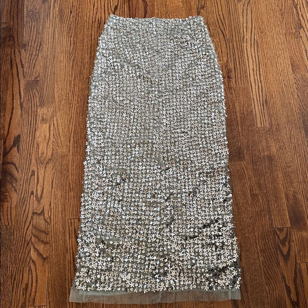 Anthropologie Not So Serious/Let Me Be Sequin Slit Maxi Skirt in Silver - Picture 8 of 10